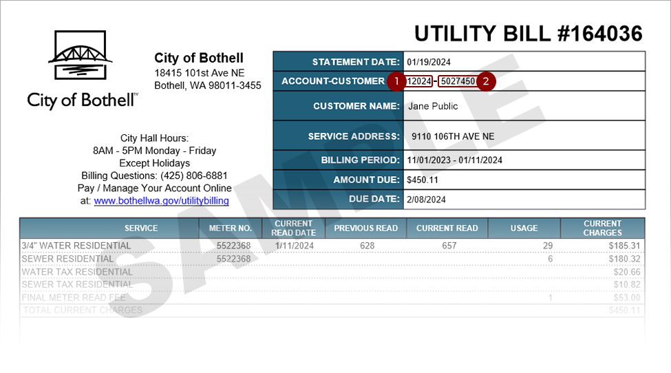 Sample Bothell Utility bill with the customer number and account number highlighted